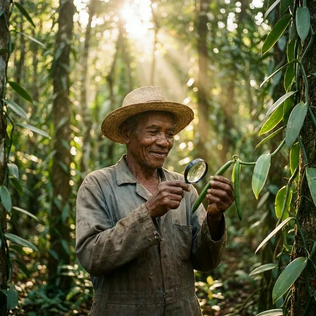Malagasy farmer harvesting bourbon vanilla in a Madagascar Region plantation